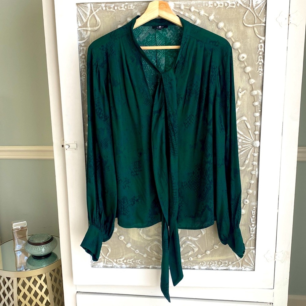7 For All Mankind Deep Green Snake Texture Print  Blouse, Size Large